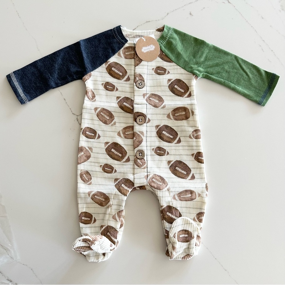 NWT Mud Pie Baby Boy Football Print One Piece Footed Sleeper 0-3 mos